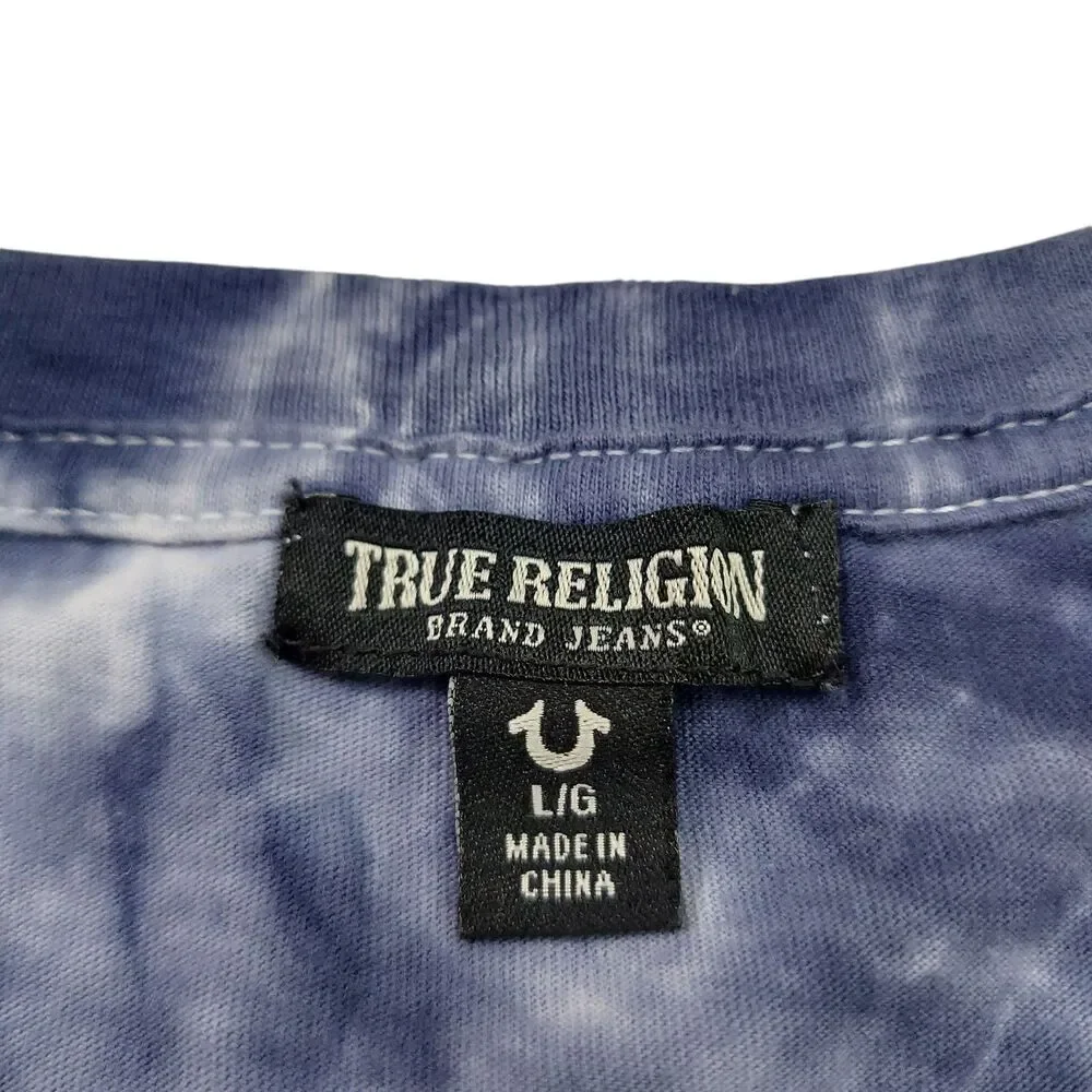 True Religion Mens Large Blue Tie Dye T-Shirt Relaxed Fit Short Sleeve Cotton
